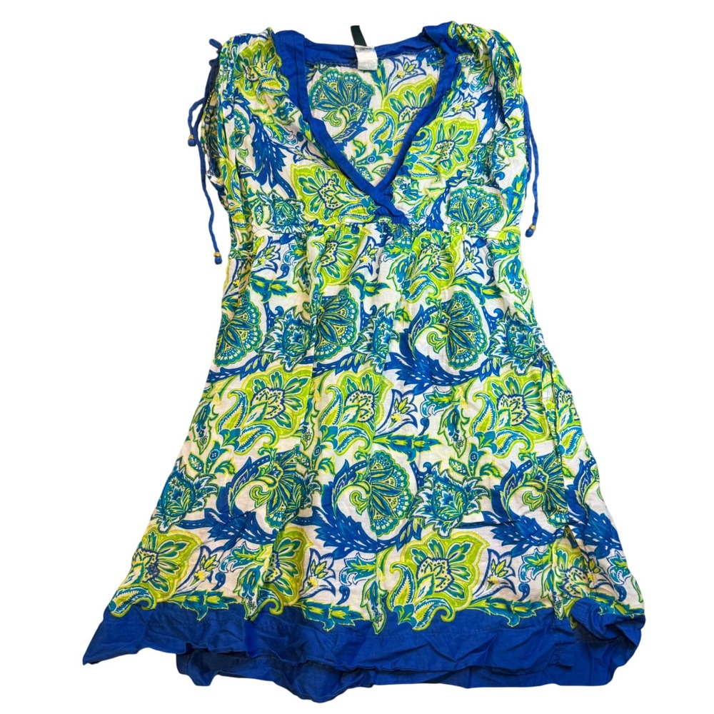 Lauren Ralph Lauren Blue Green Paisley Cotton Empire Waist V-Neck Dress Small
